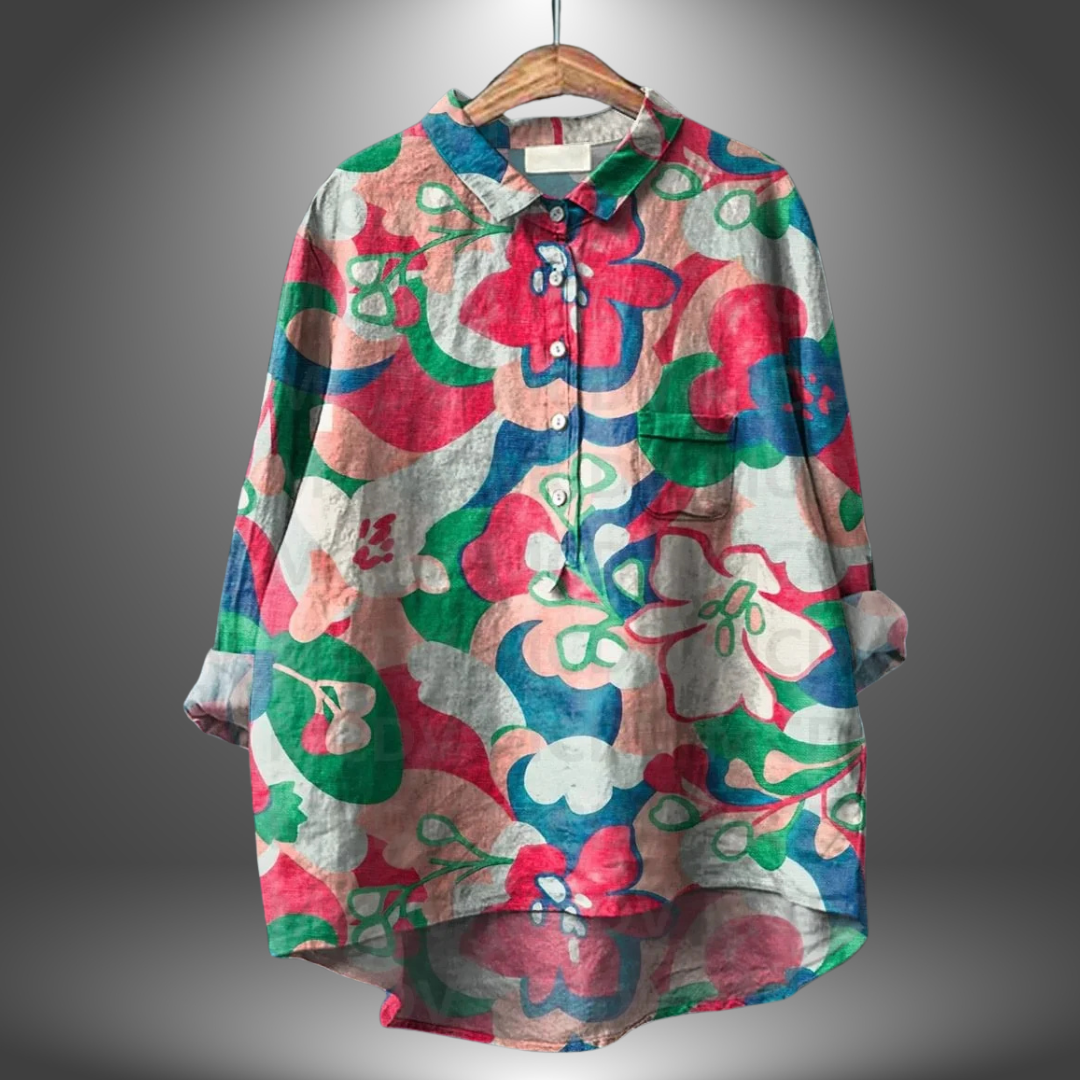 Blusa holgada de mujer con estampado artístico y cuello – ORSOLYA