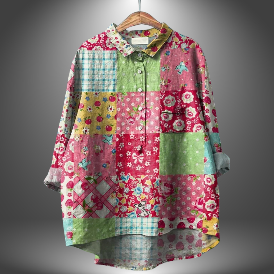Blusa holgada de mujer con estampado artístico y cuello – ORSOLYA