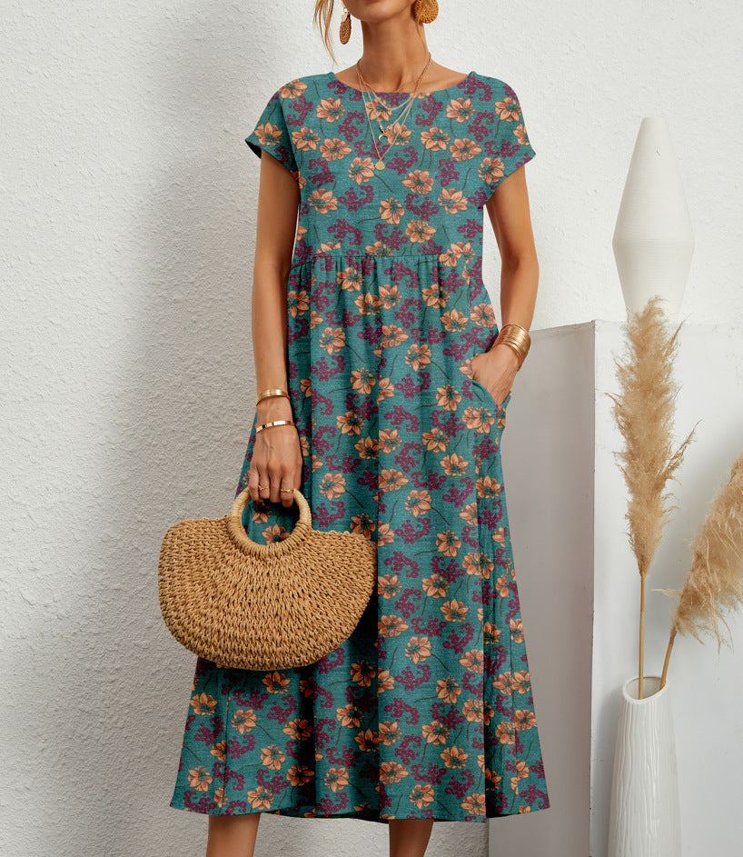Vestido Midi Fluido para Dama con Estampado Gráfico y Manga Corta – ZITA