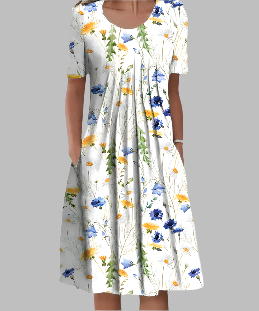 Vestido largo estampado con escote en V y corte fluido – JULIANA