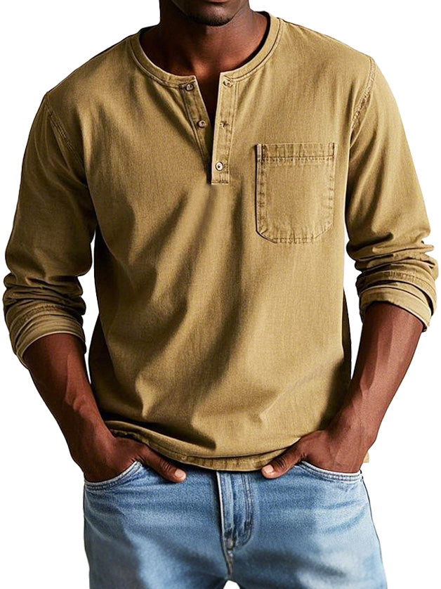 Camiseta Henley de manga larga para hombre con bolsillo en el pecho – RAVEN