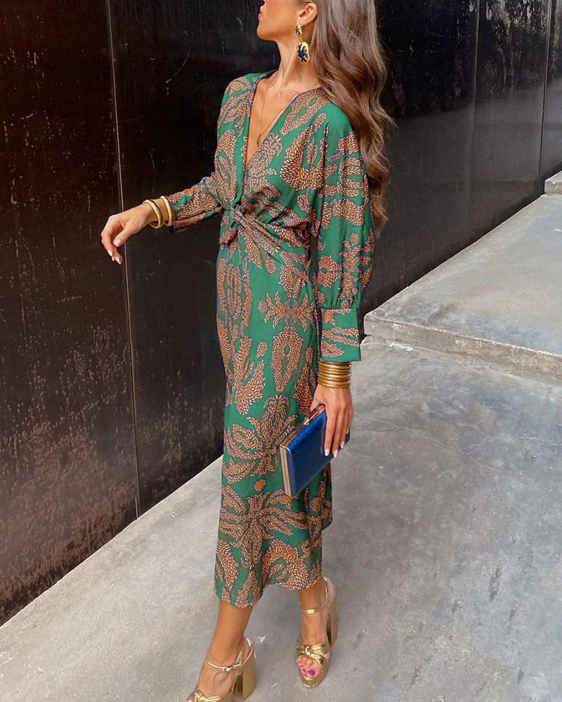 Vestido elegante de manga larga con estampado floral – DINEA