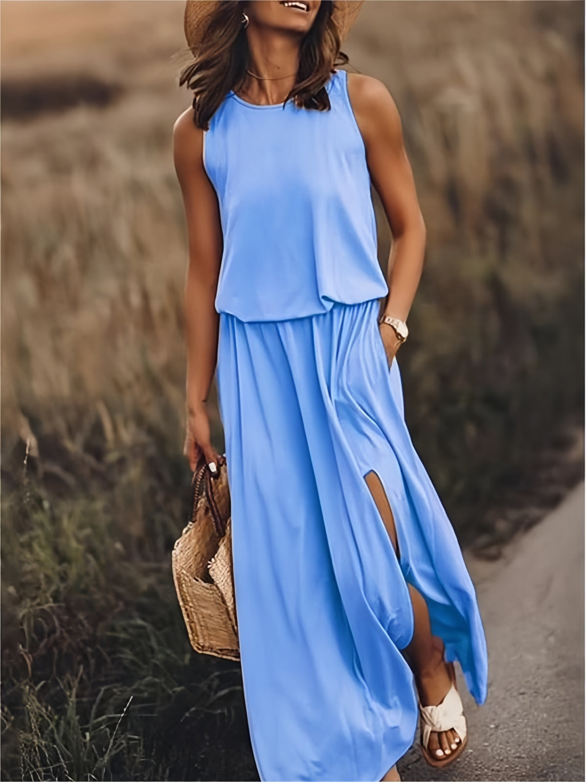 Vestido largo de verano sin mangas con abertura en la pierna – ISLA