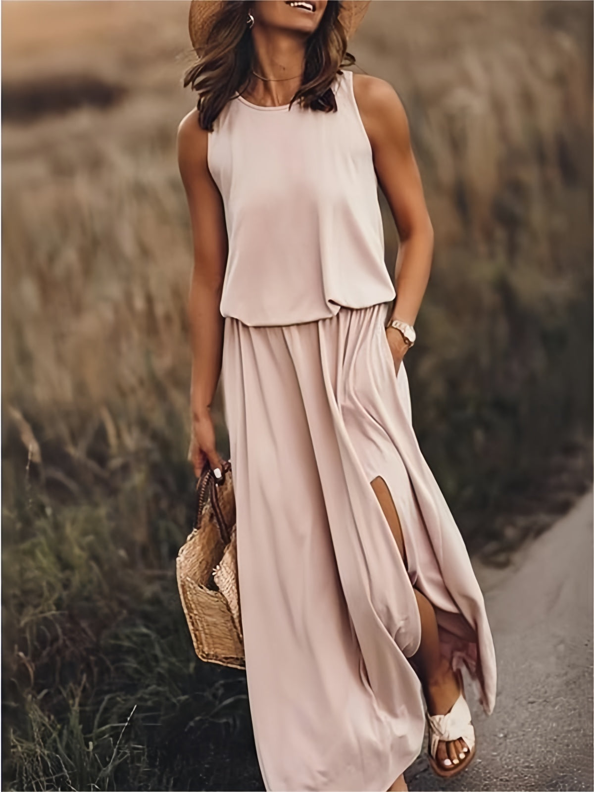 Vestido largo de verano sin mangas con abertura en la pierna – ISLA