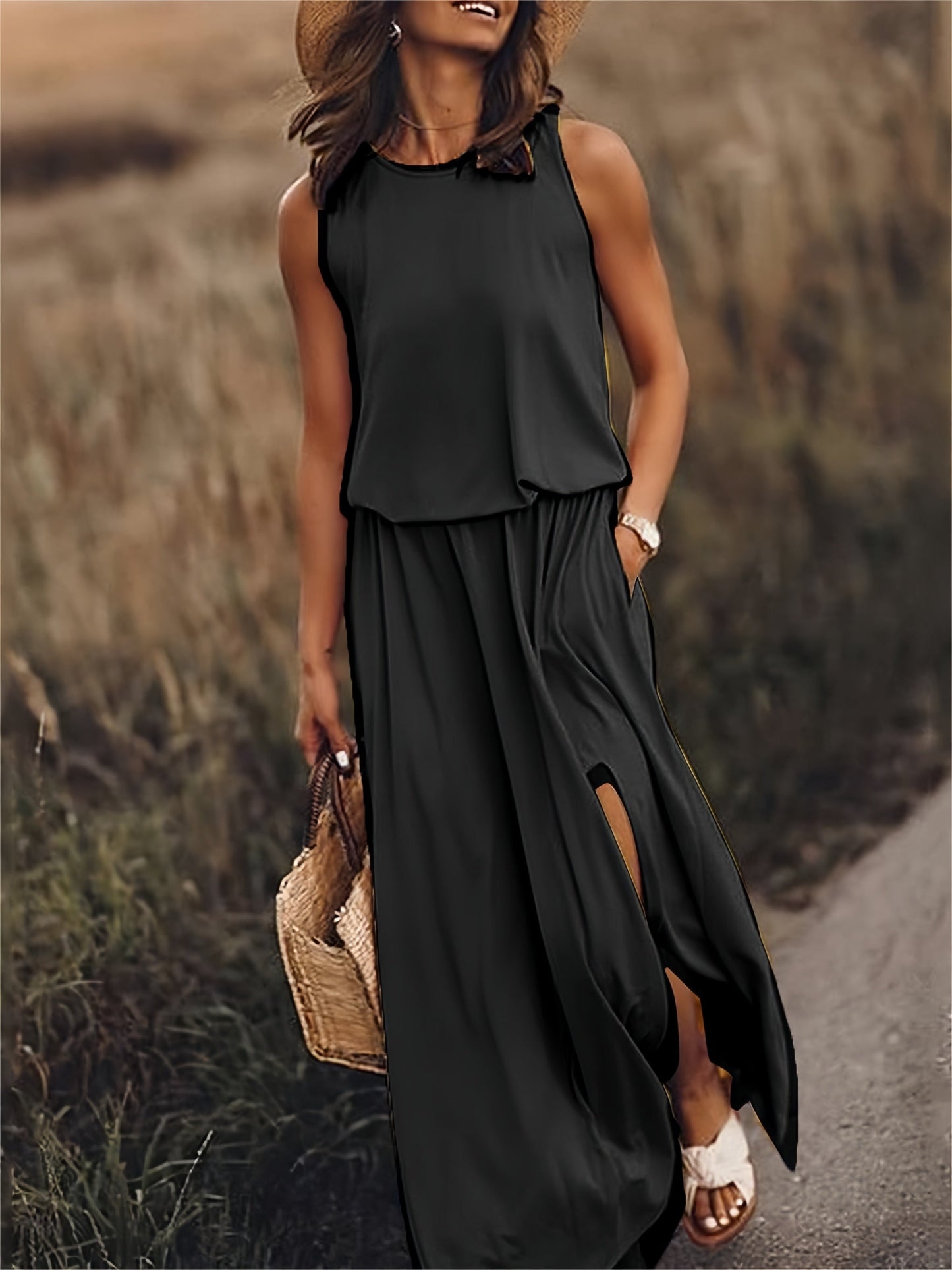 Vestido largo de verano sin mangas con abertura en la pierna – ISLA