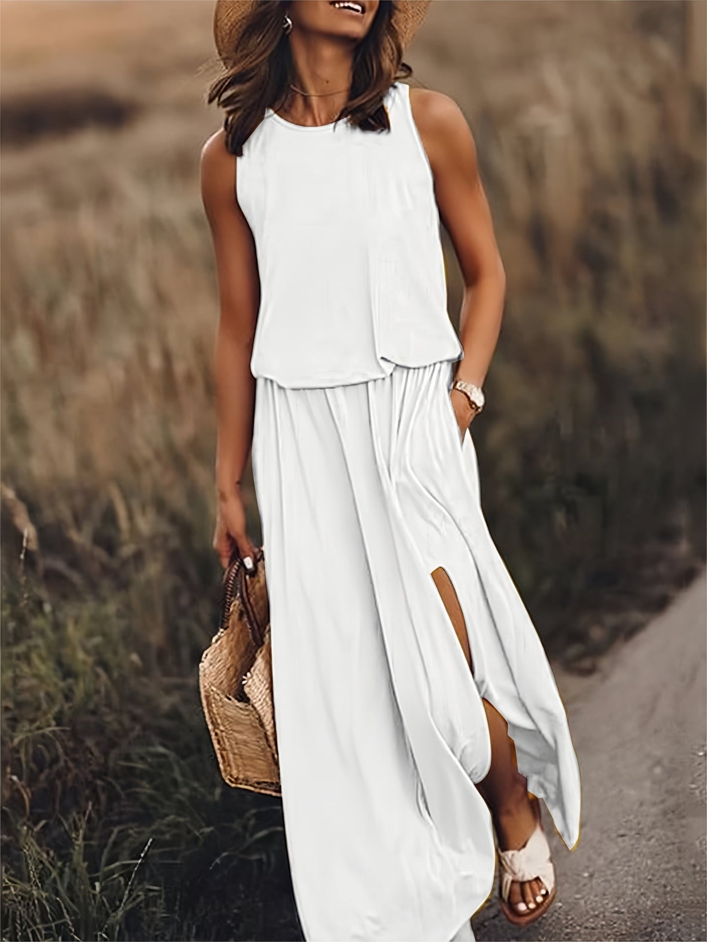 Vestido largo de verano sin mangas con abertura en la pierna – ISLA