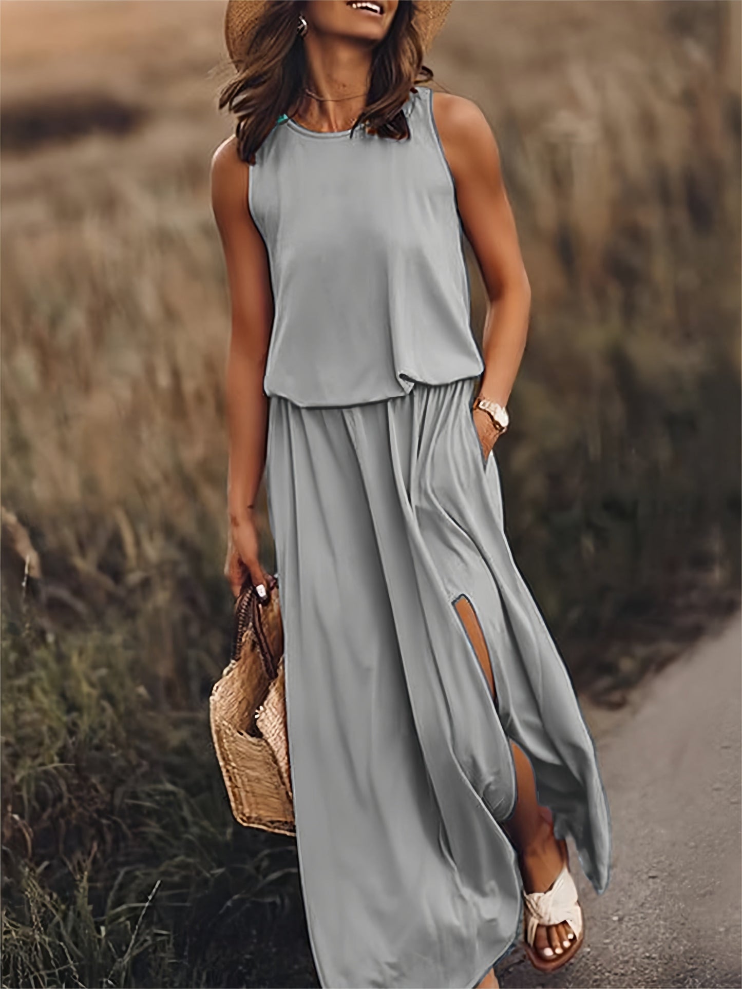 Vestido largo de verano sin mangas con abertura en la pierna – ISLA