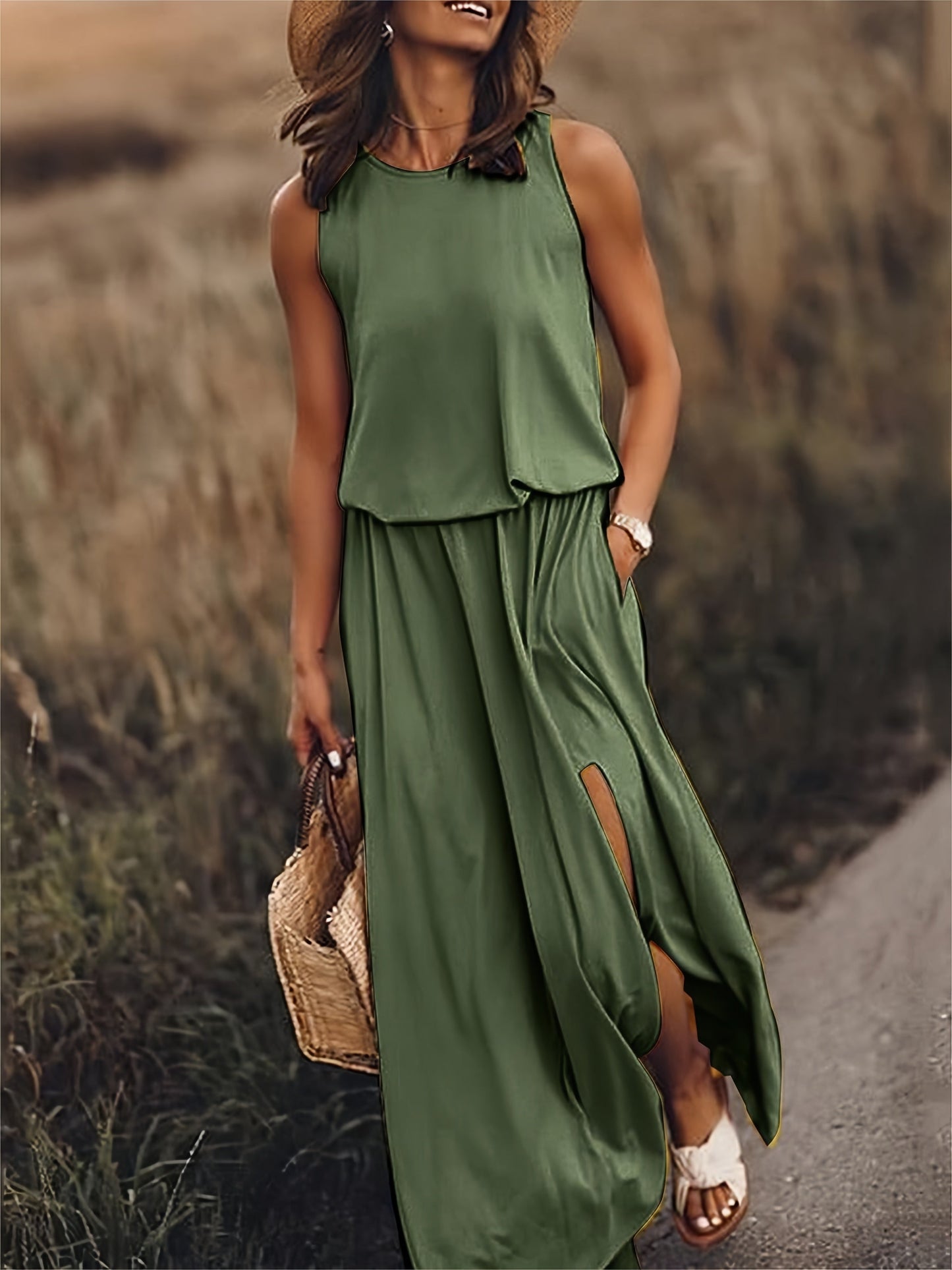 Vestido largo de verano sin mangas con abertura en la pierna – ISLA