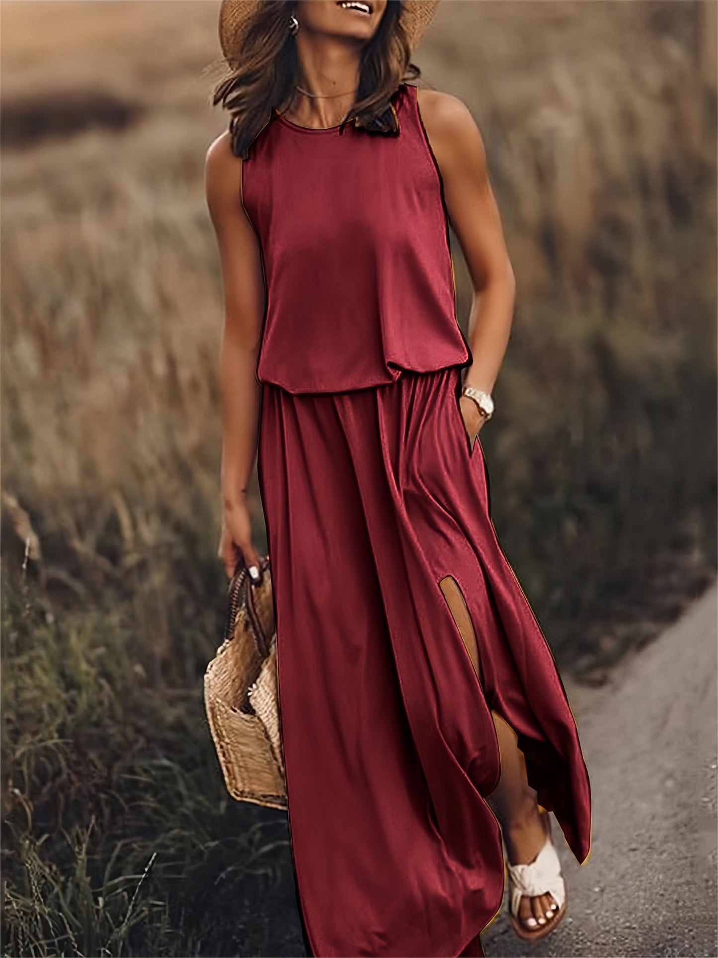 Vestido largo de verano sin mangas con abertura en la pierna – ISLA