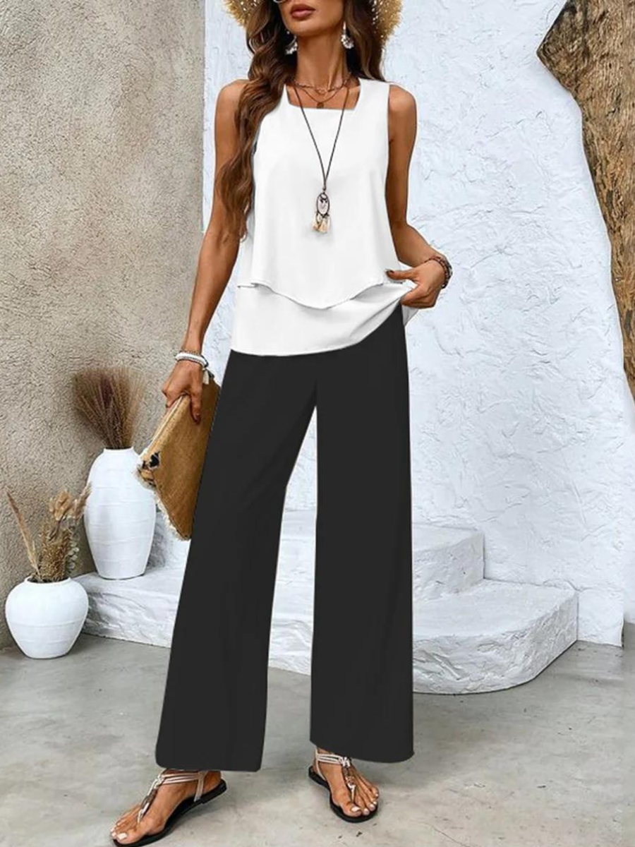 Conjunto elegante de dos piezas con blusa fluida y pantalón amplio – ARLÈNE