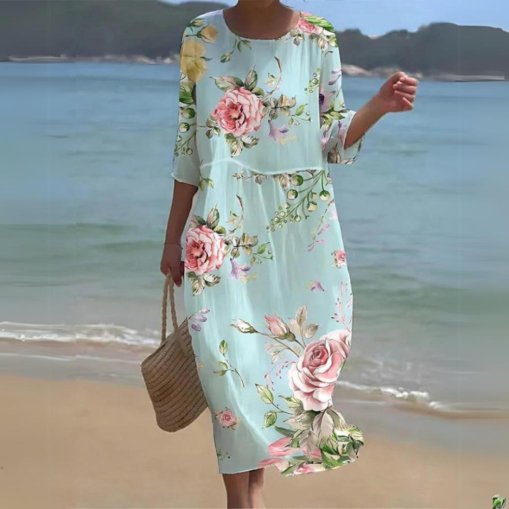 Vestido veraniego holgado con cuello redondo y corte fluido – PORELIA