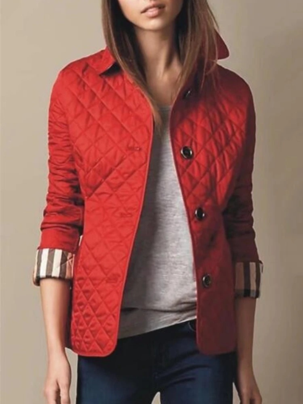 Chaqueta acolchada de mujer con estampado de cuadros y cierre de botones – LÉNAIA