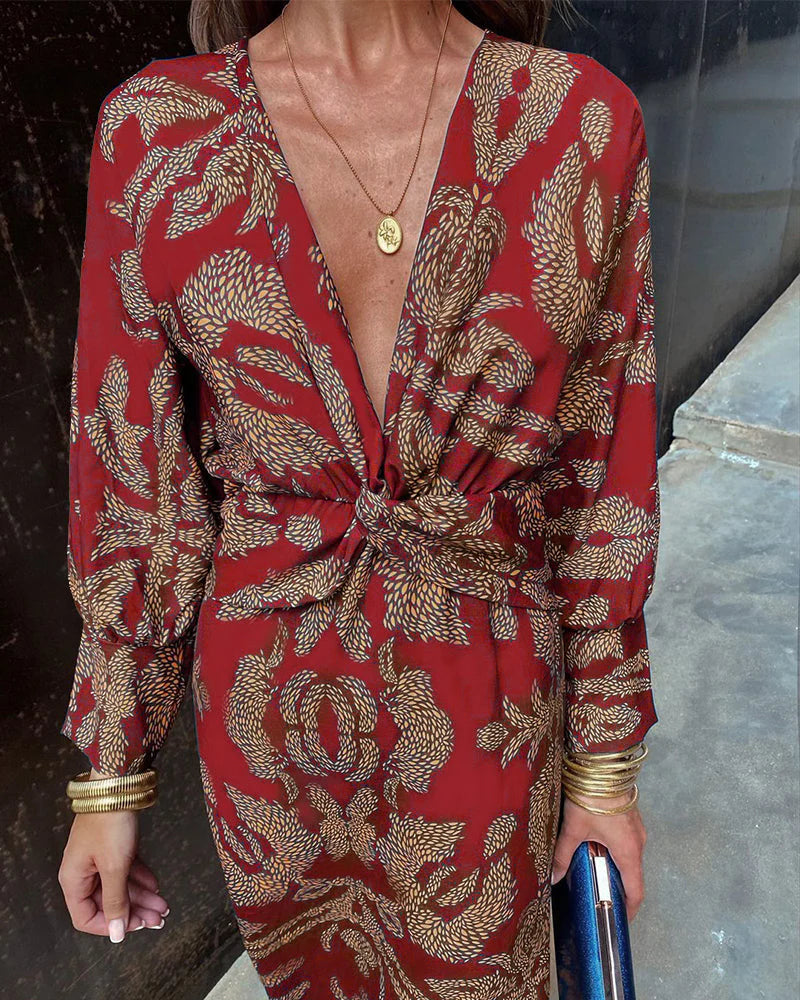 Vestido elegante de manga larga con estampado floral – DINEA