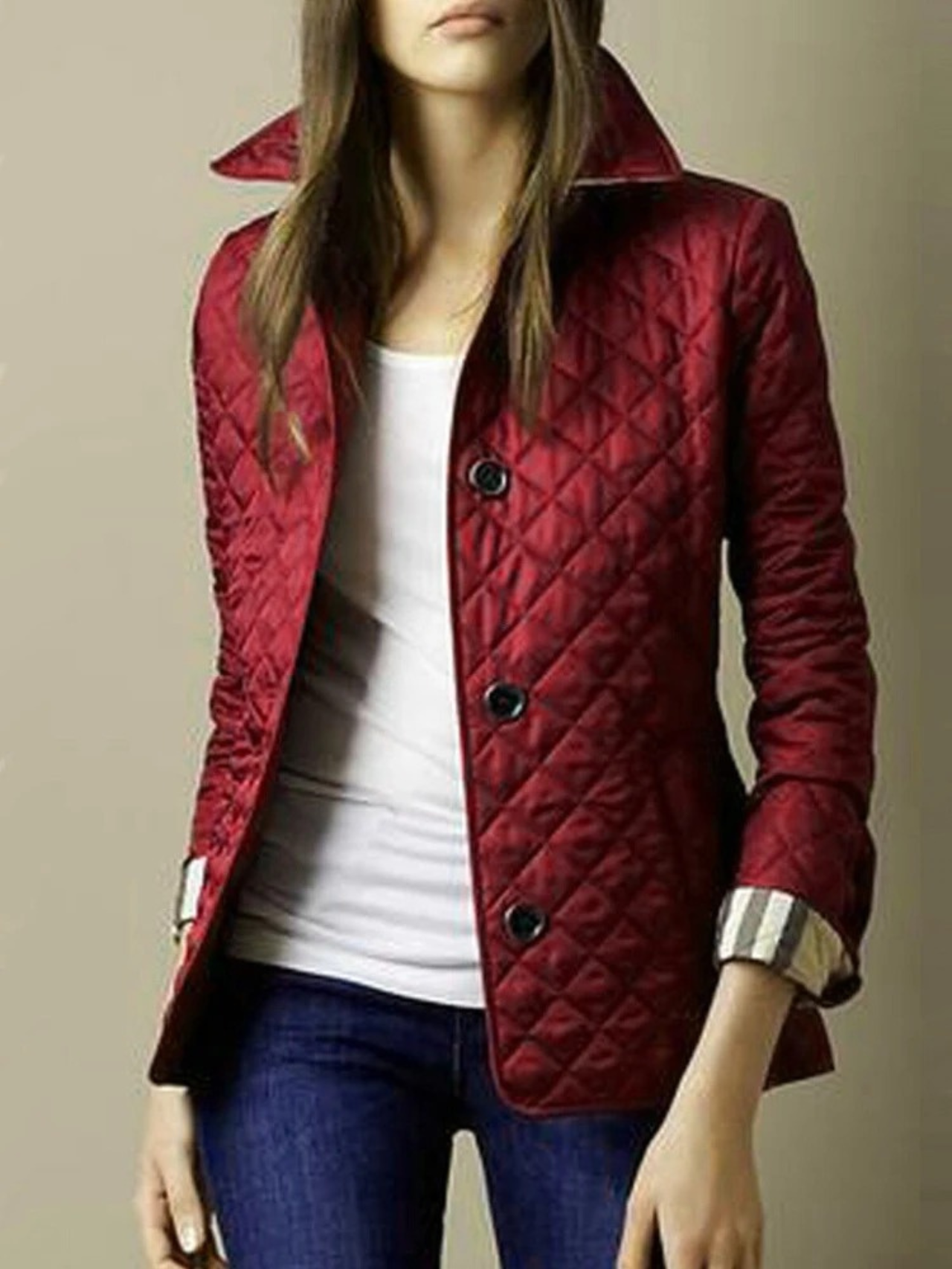 Chaqueta acolchada de mujer con estampado de cuadros y cierre de botones – LÉNAIA