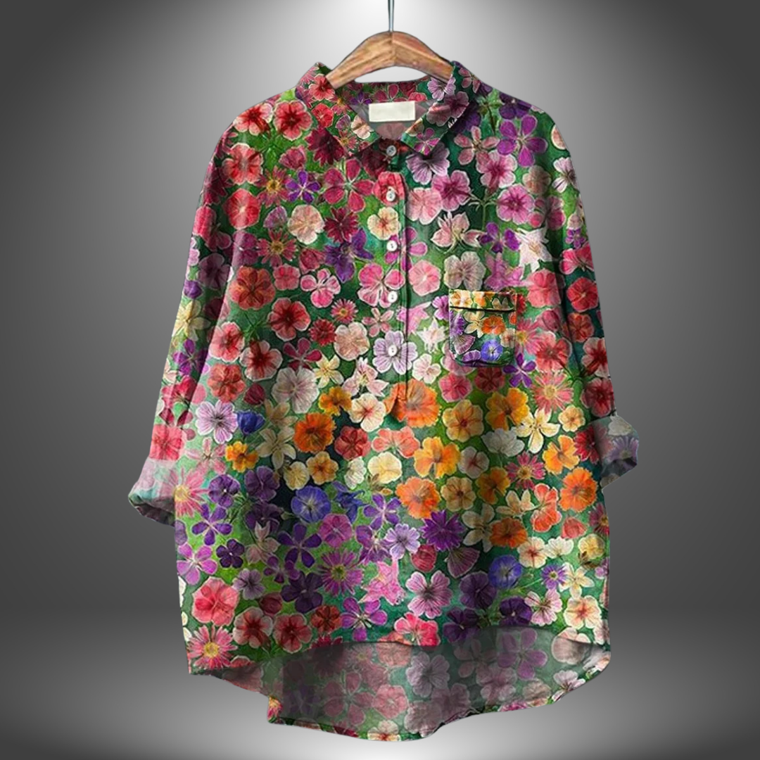 Blusa holgada de mujer con estampado artístico y cuello – ORSOLYA