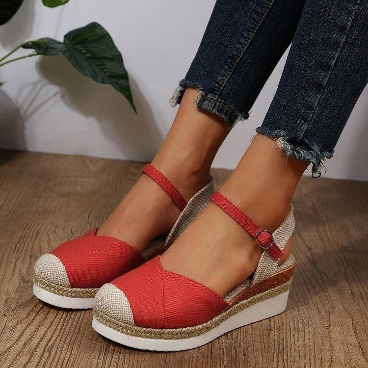 Karen - Sandalias de Cuña Casual de Moda con Punta Cerrada y Hebilla Exterior para Mujer
