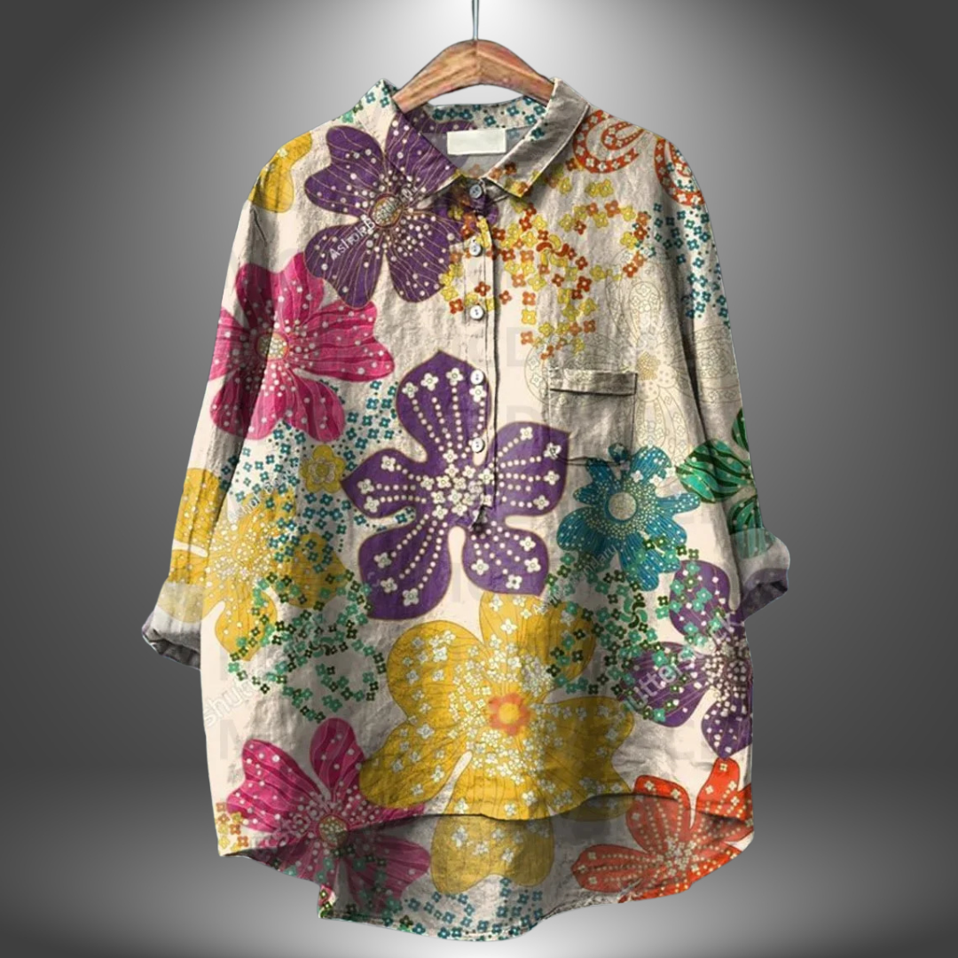 Blusa holgada de mujer con estampado artístico y cuello – ORSOLYA