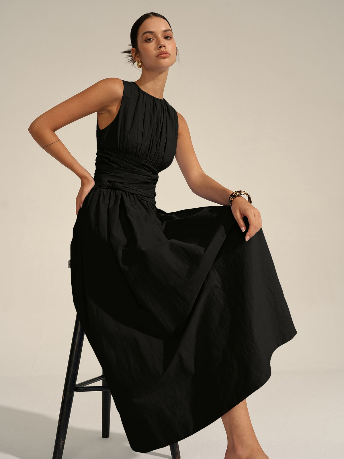 Vestido largo con cintura fruncida – LUXIA