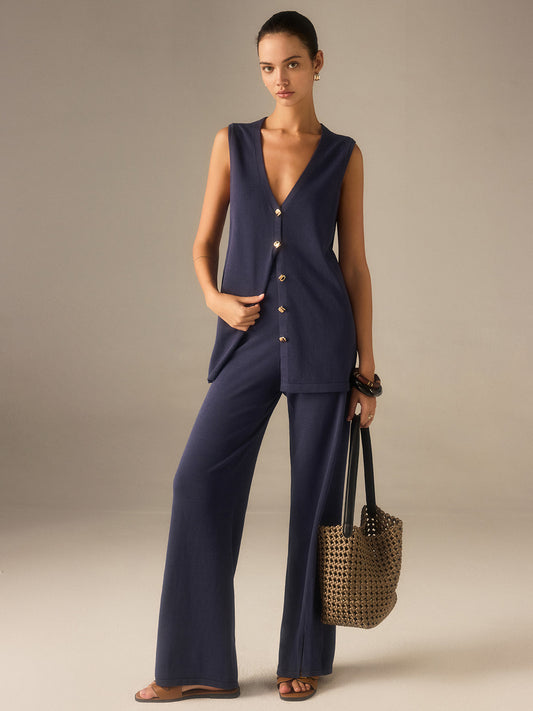 Conjunto de chaleco de punto con botones dorados y pantalones de pierna ancha – LUMINA