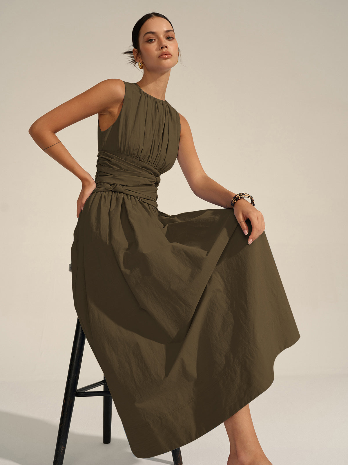 Vestido largo con cintura fruncida – LUXIA