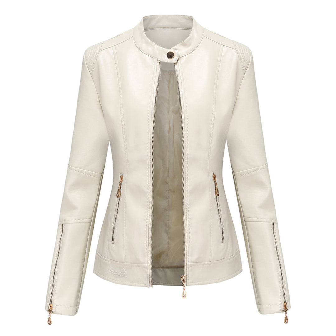 FENNA – Chaqueta de cuero elegante con cuello redondo y cierre de botones para mujer