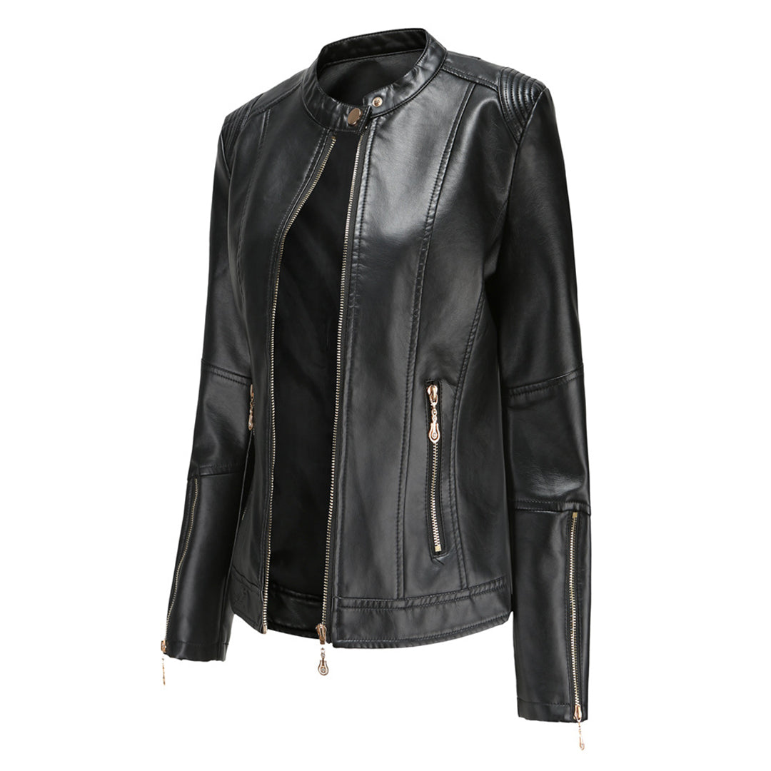FENNA – Chaqueta de cuero elegante con cuello redondo y cierre de botones para mujer