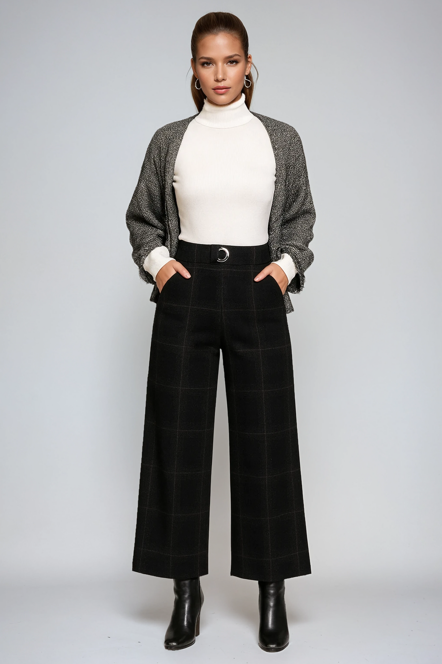 CARMINA – Pantalón de mujer a cuadros con talle alto y pierna ancha