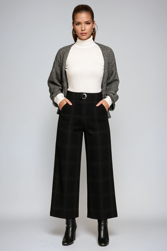 CARMINA – Pantalón de mujer a cuadros con talle alto y pierna ancha