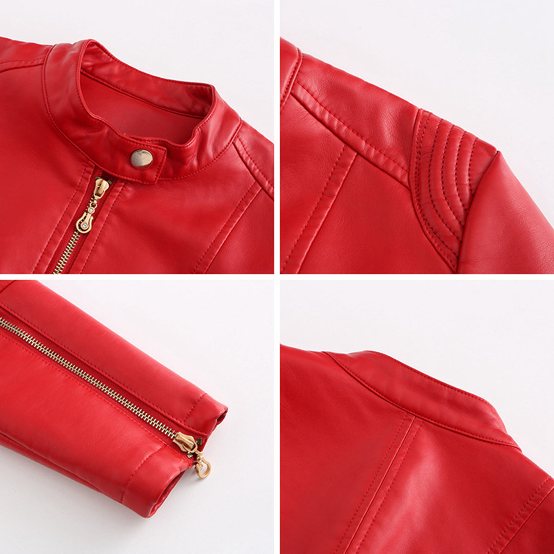 FENNA – Chaqueta de cuero elegante con cuello redondo y cierre de botones para mujer