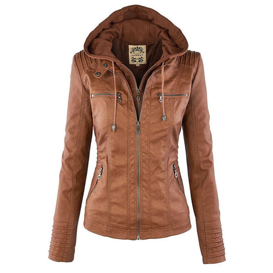 Chaqueta impermeable de imitación cuero para mujer con capucha – LEYRA