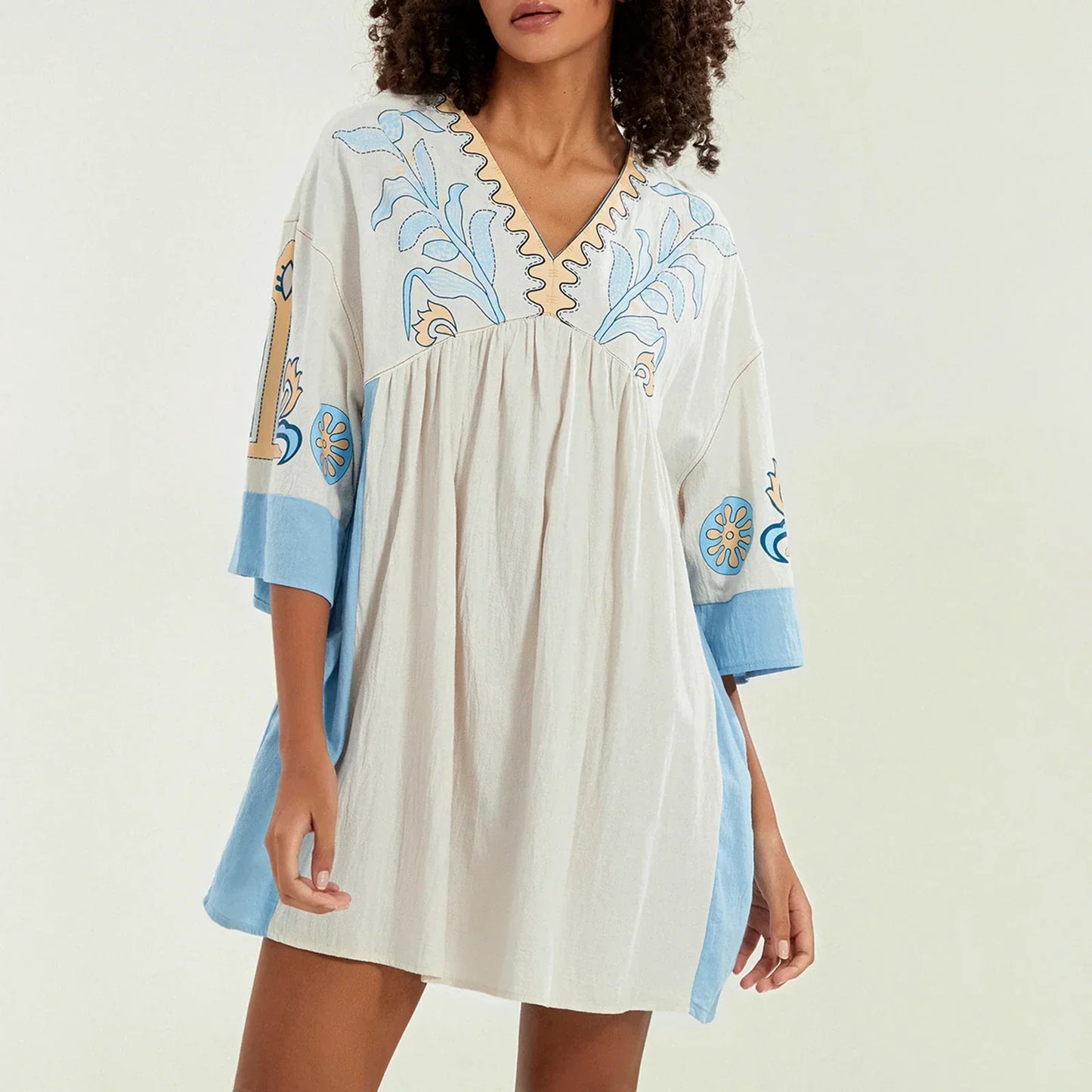 Vestido tipo túnica de mujer con escote en V y bordados decorativos – MABRIELA