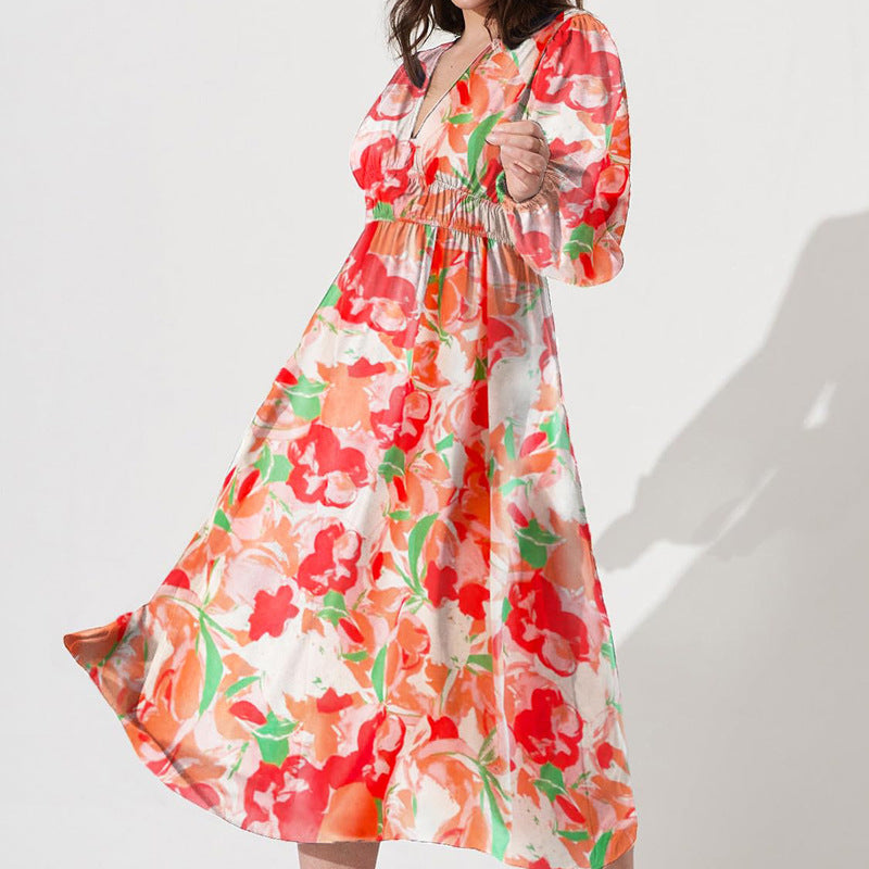 Vestido midi floral con vuelo romántico y escote cruzado – AMARELLA