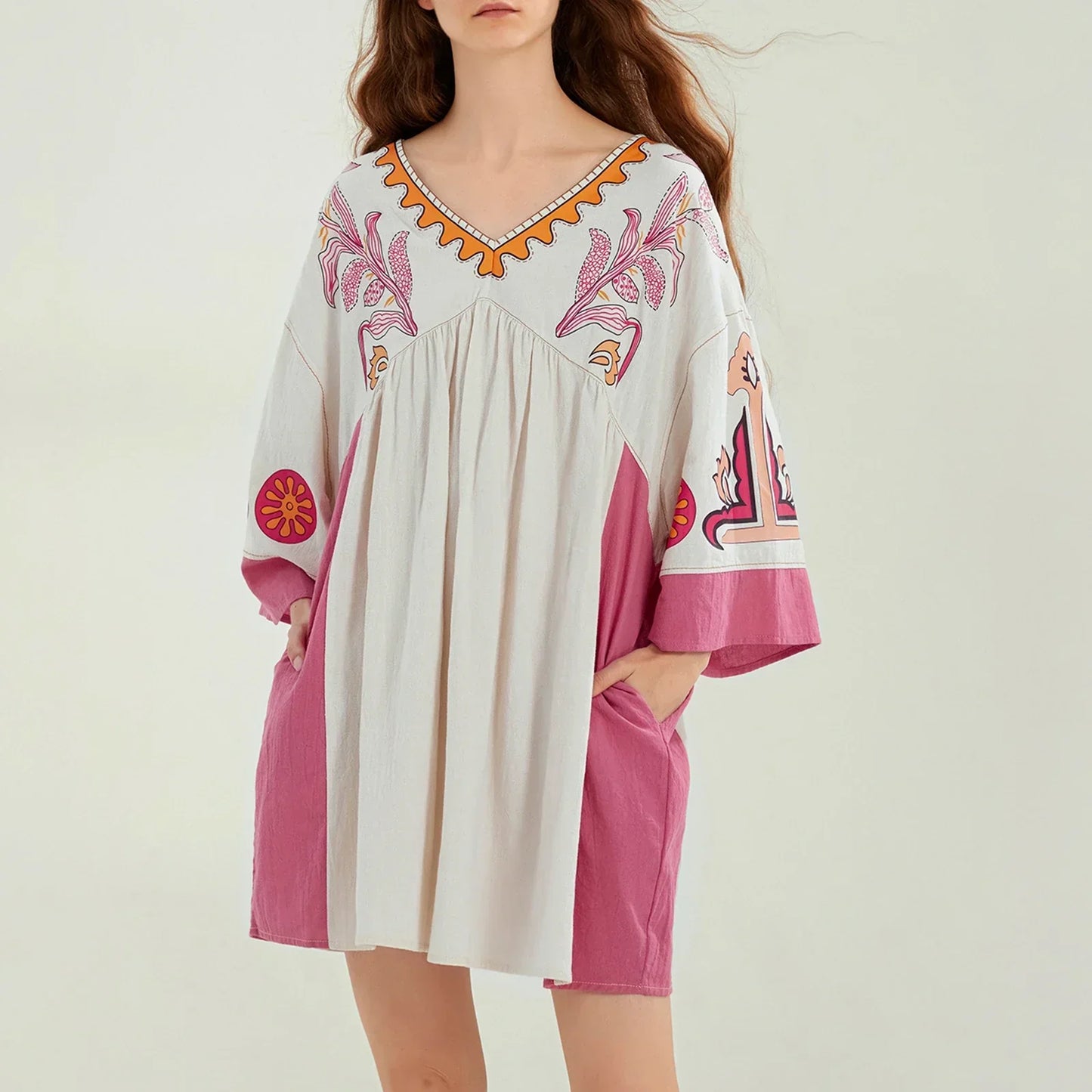Vestido tipo túnica de mujer con escote en V y bordados decorativos – MABRIELA