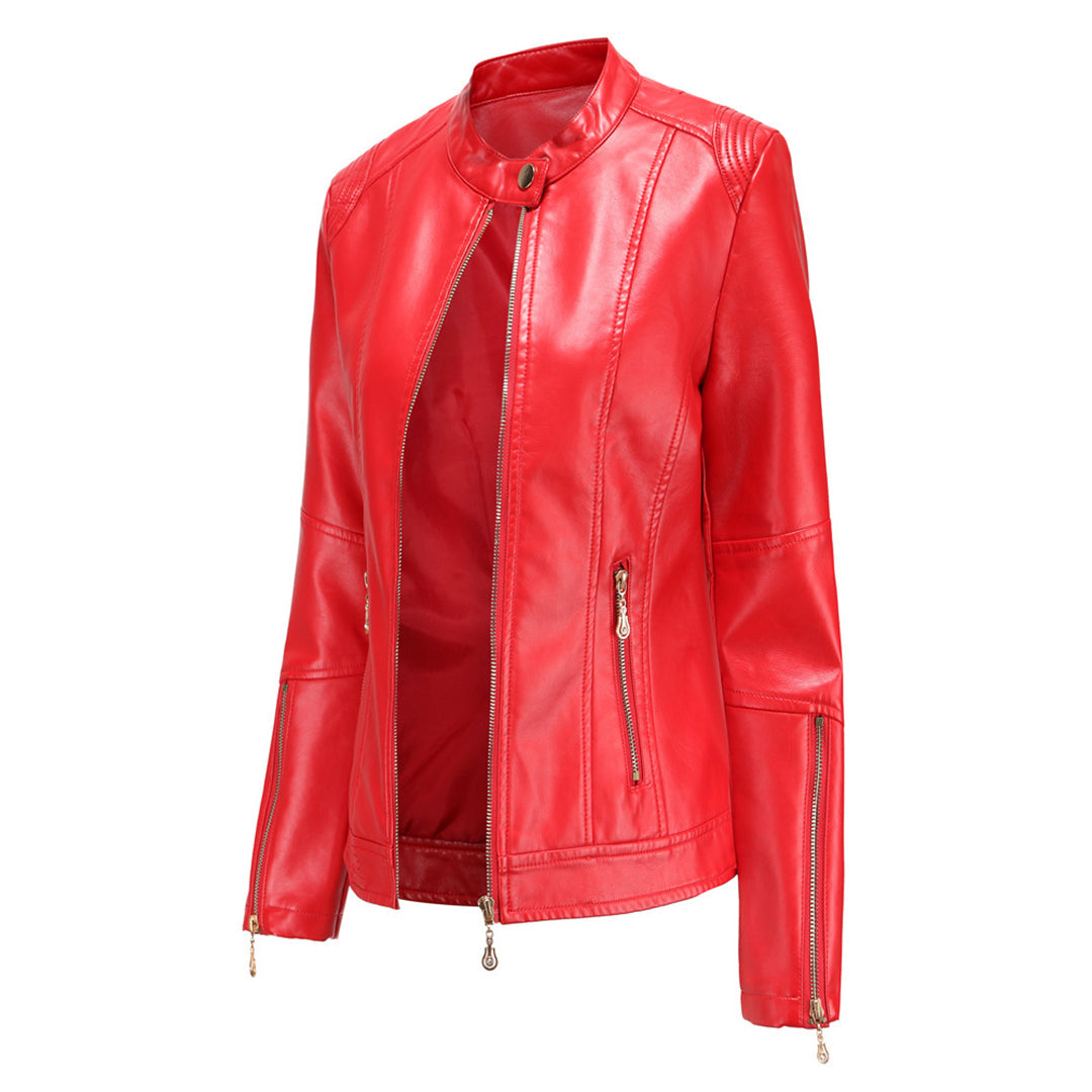 FENNA – Chaqueta de cuero elegante con cuello redondo y cierre de botones para mujer