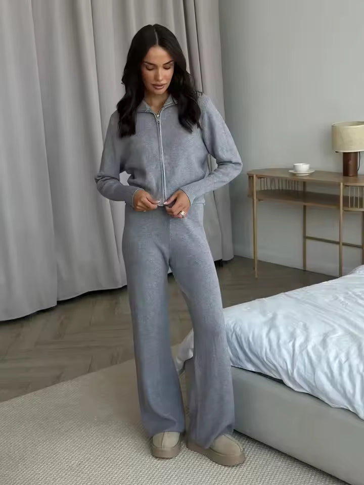 Conjunto de dos piezas para mujer con chaqueta de cremallera y pantalón ancho – LUNARIA