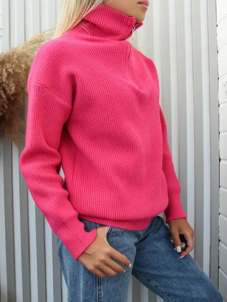 AURE - Suéter de punto con cuello alto y cremallera para mujer
