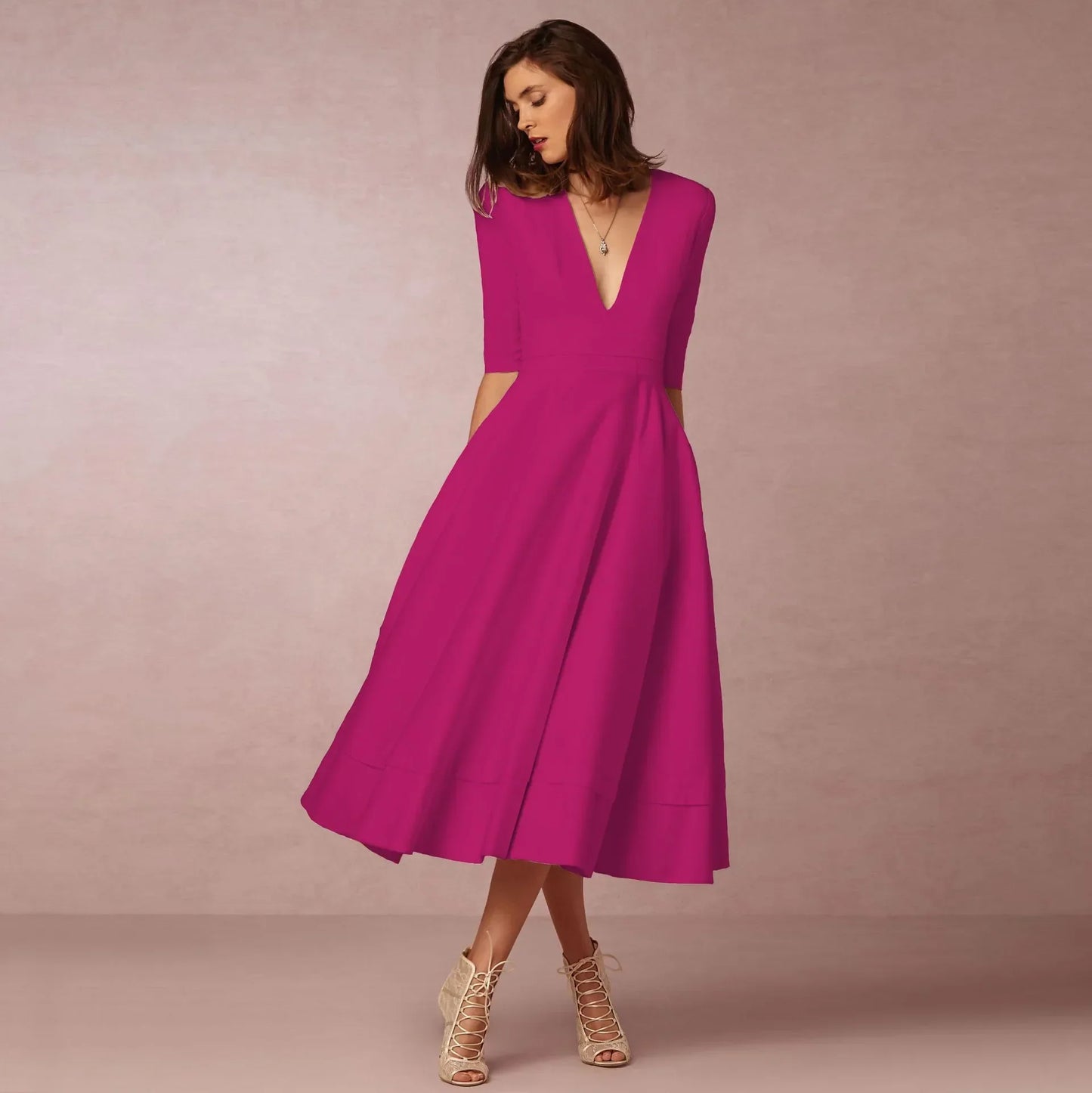Vestido midi con escote en V y mangas al codo para mujer – MARIELA