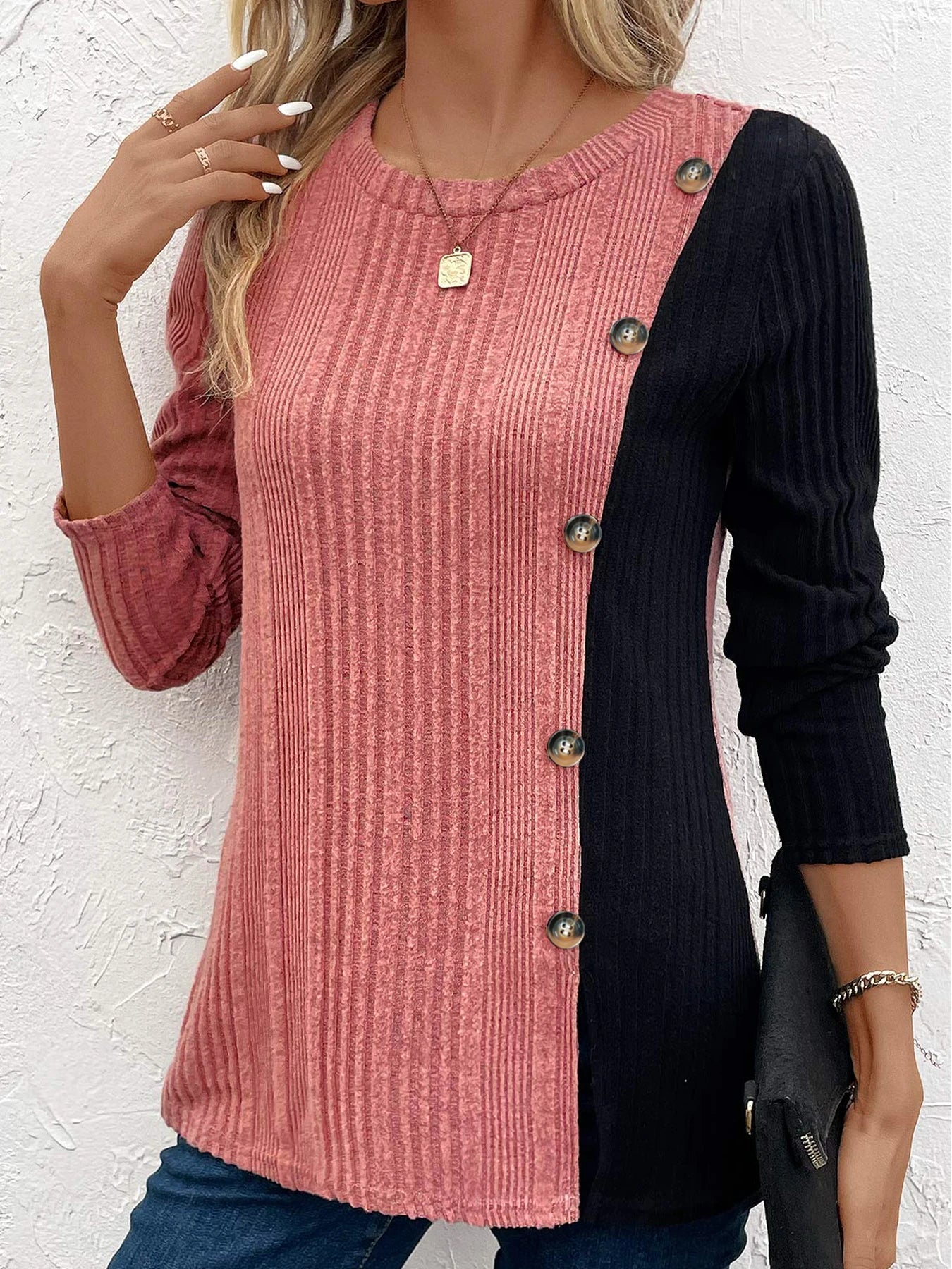 ANNALISA - Camiseta de manga larga con detalles de bloques de color y ribetes con botones para mujeres