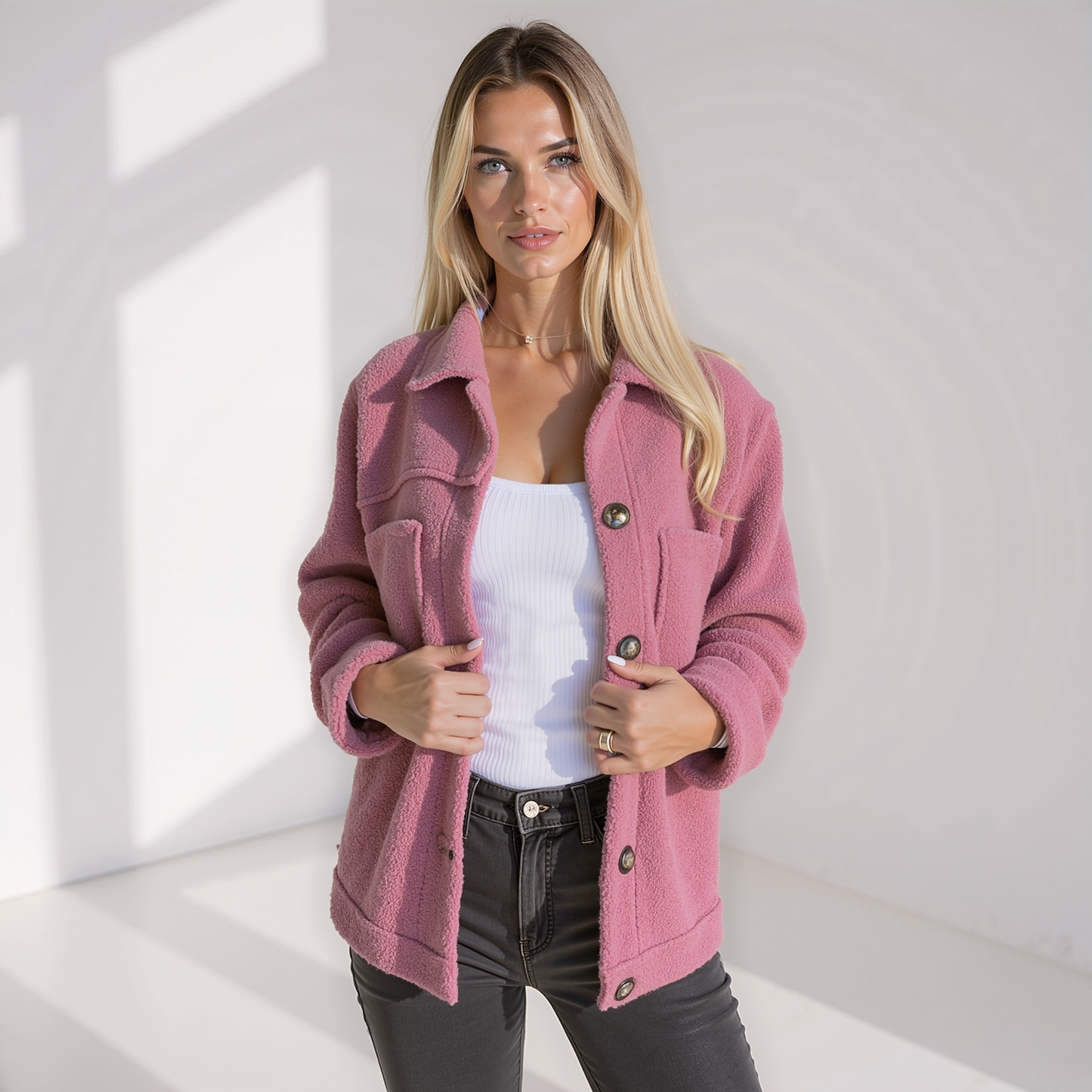 Chaqueta de peluche suave con botones y bolsillos para mujer – TEDDINA