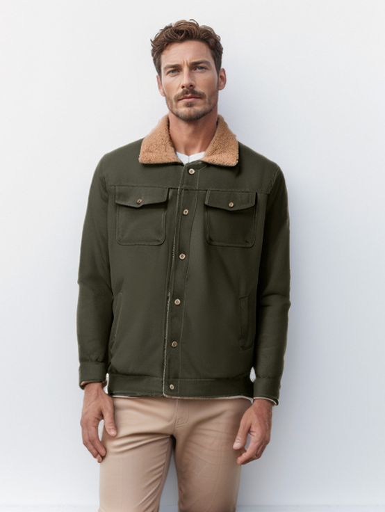 ARLEN - Chaqueta casual con cierre de botones y cuello de sherpa para hombre