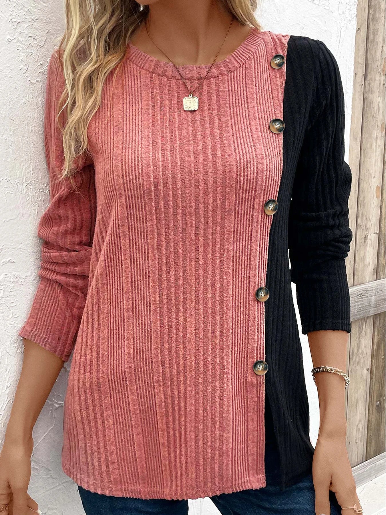 ANNALISA - Camiseta de manga larga con detalles de bloques de color y ribetes con botones para mujeres
