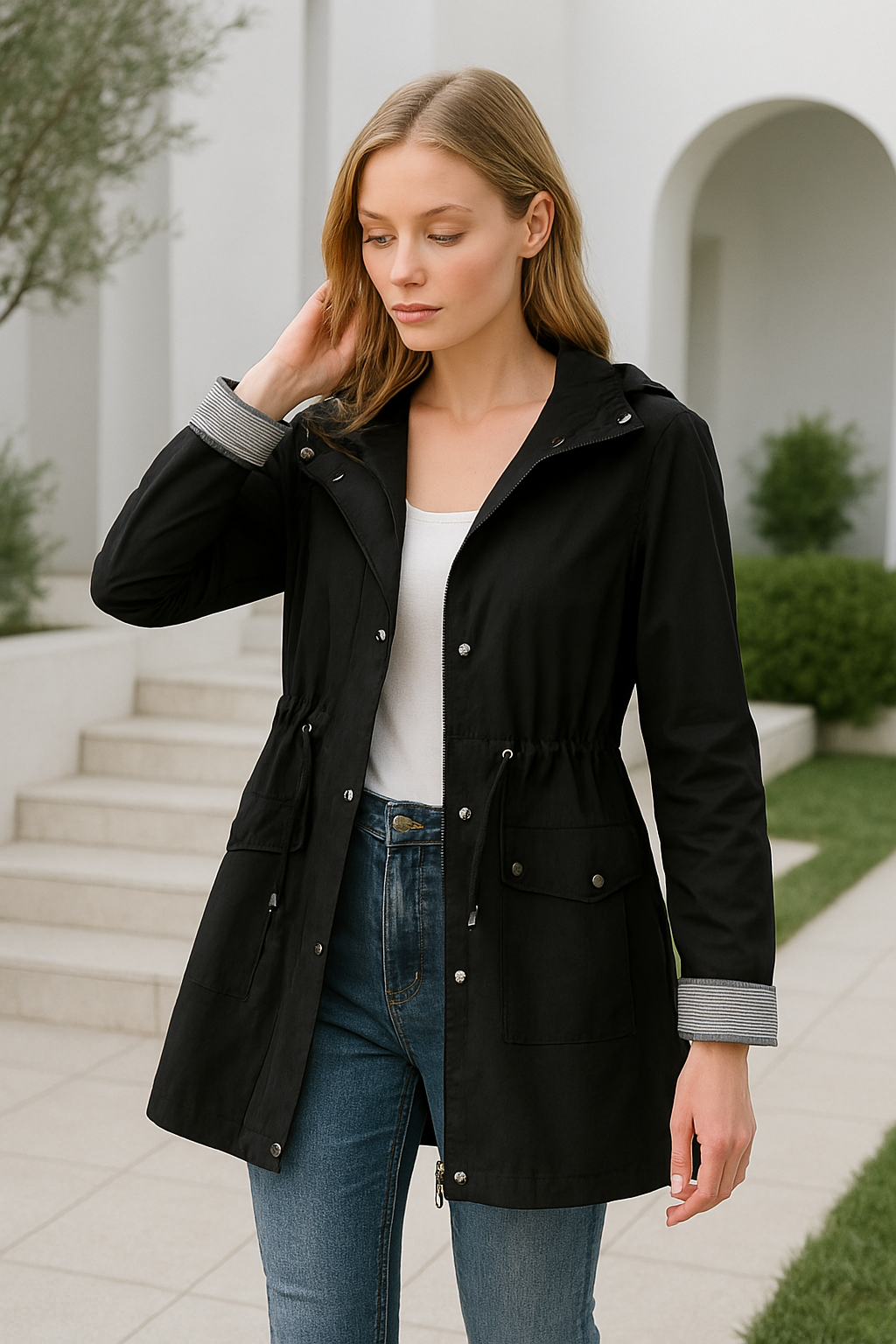 Chaqueta ligera para mujer con capucha y cordón ajustable – TAMIRA