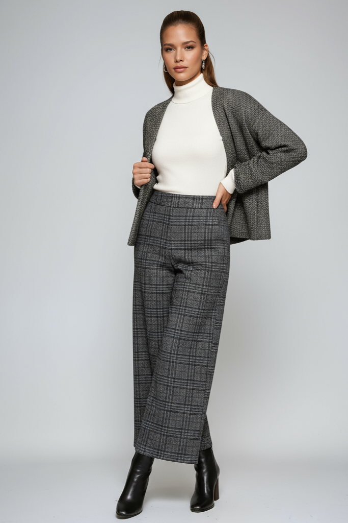 CARMINA – Pantalón de mujer a cuadros con talle alto y pierna ancha