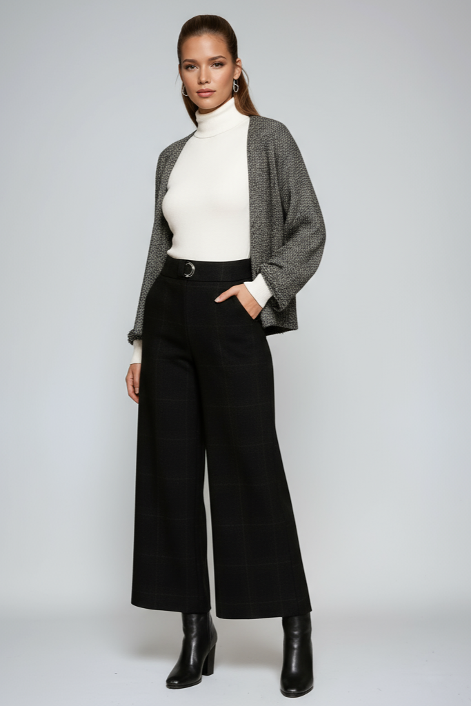CARMINA – Pantalón de mujer a cuadros con talle alto y pierna ancha