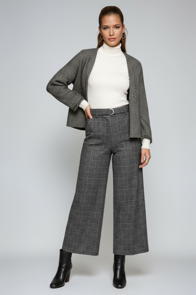 CARMINA – Pantalón de mujer a cuadros con talle alto y pierna ancha