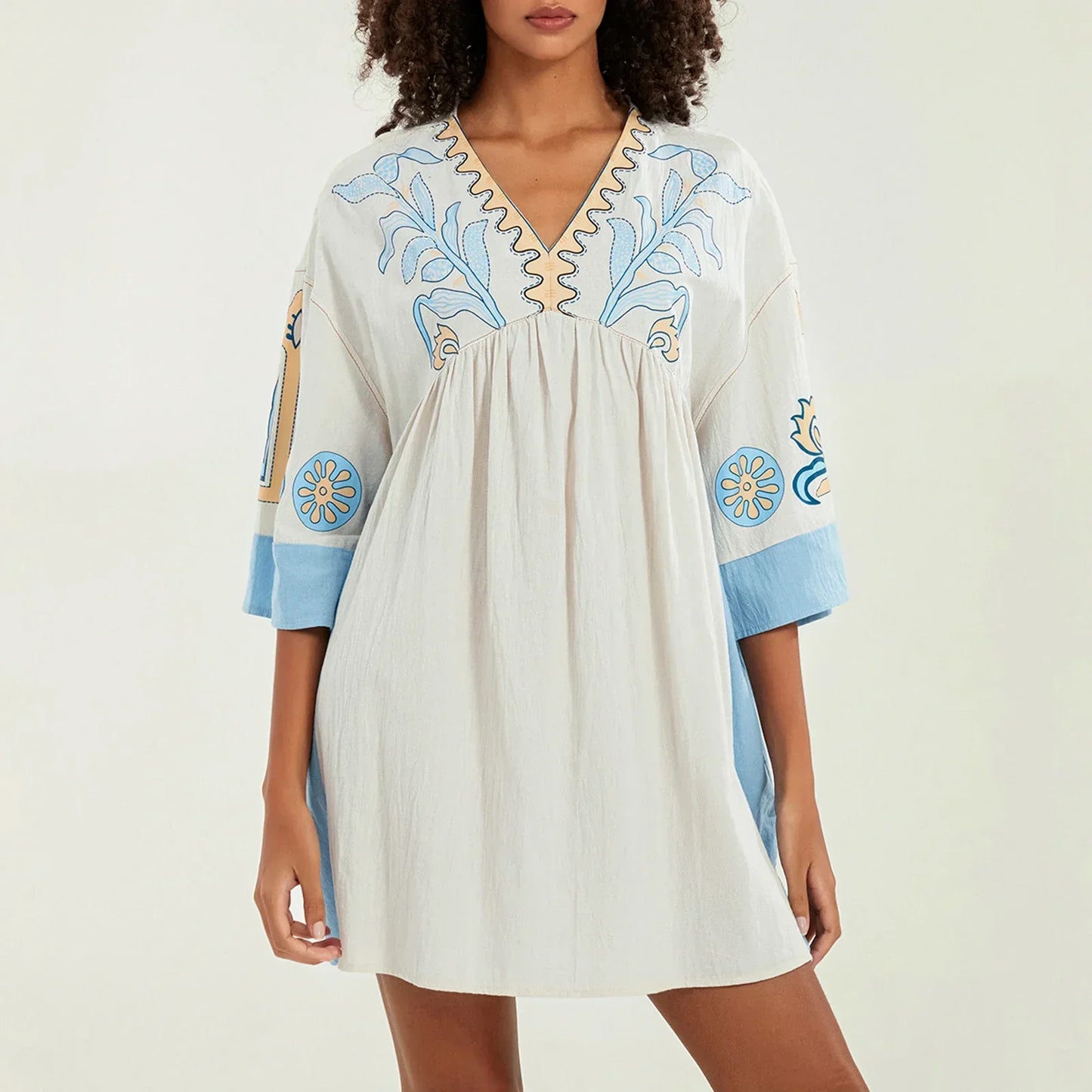 Vestido tipo túnica de mujer con escote en V y bordados decorativos – MABRIELA