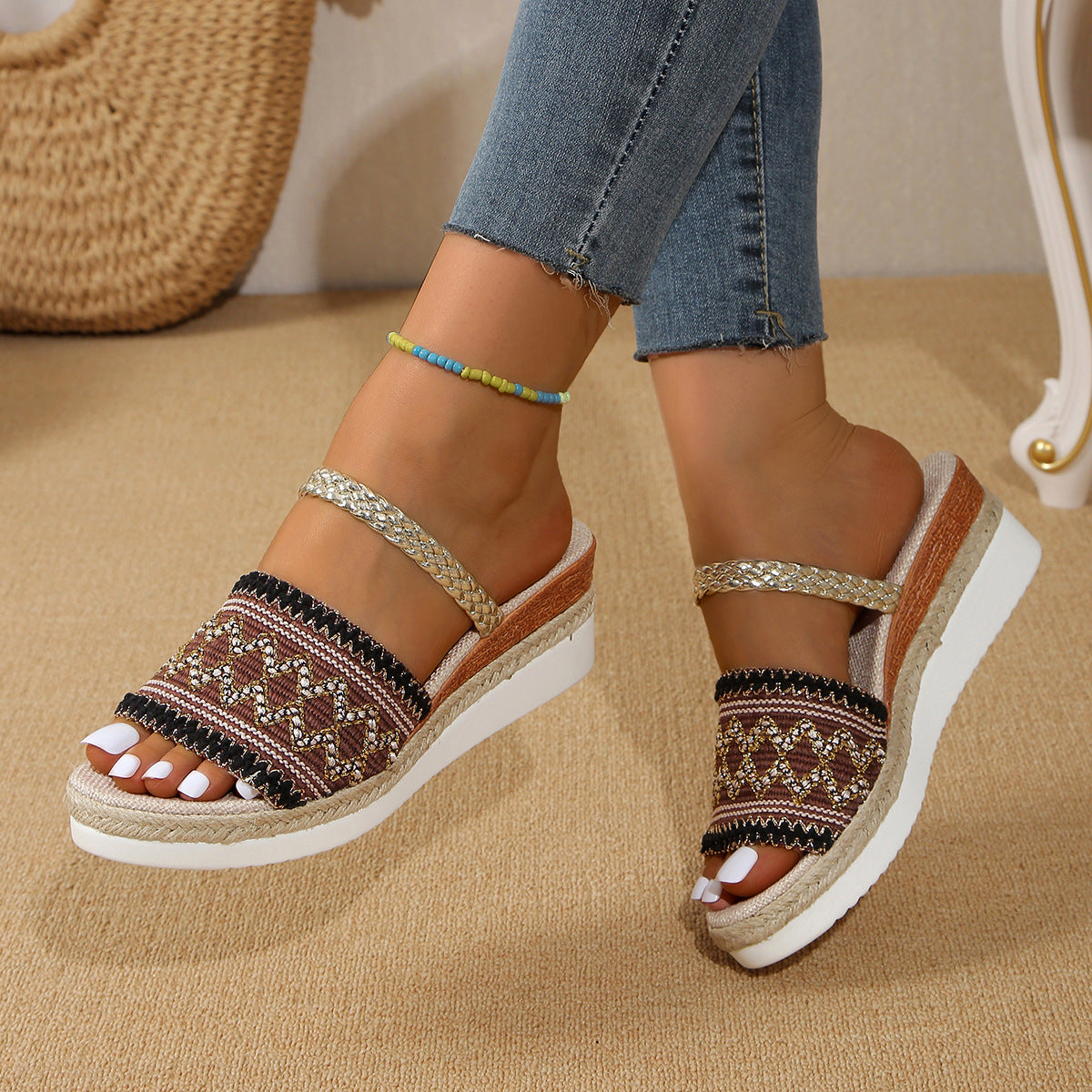 Lina - Sandalias de Cuña de Verano con Diseño de Ondas en Bloques de Color | Zapatillas de Estilo Étnico para Mujer