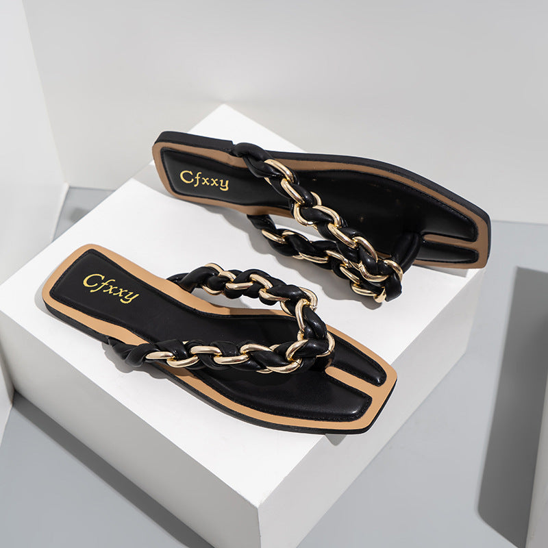 Aura - Sandalias Planas de Playa y Verano para Mujer con Cadenas Decorativas para Exterior