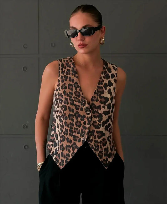 Chaleco entallado con escote en V y estampado animal para mujer – DARIA