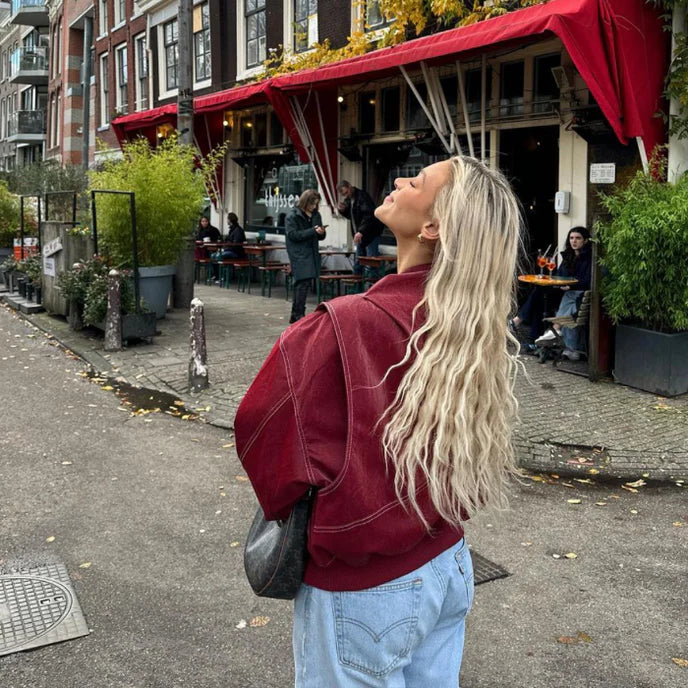 AGNES - Chaqueta bomber de cuero oversize con costuras contrastantes para mujeres